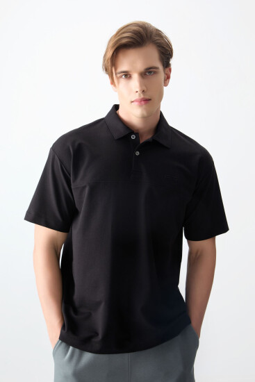 Siyah Pamuklu Kalın Yumuşak Dokulu Polo Yaka Oversize Fit Basic Erkek T- Shirt - 88382 