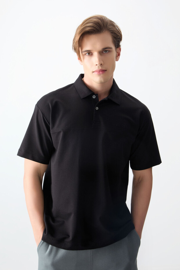 Siyah Pamuklu Kalın Yumuşak Dokulu Polo Yaka Oversize Fit Basic Erkek T- Shirt - 88382 - 1