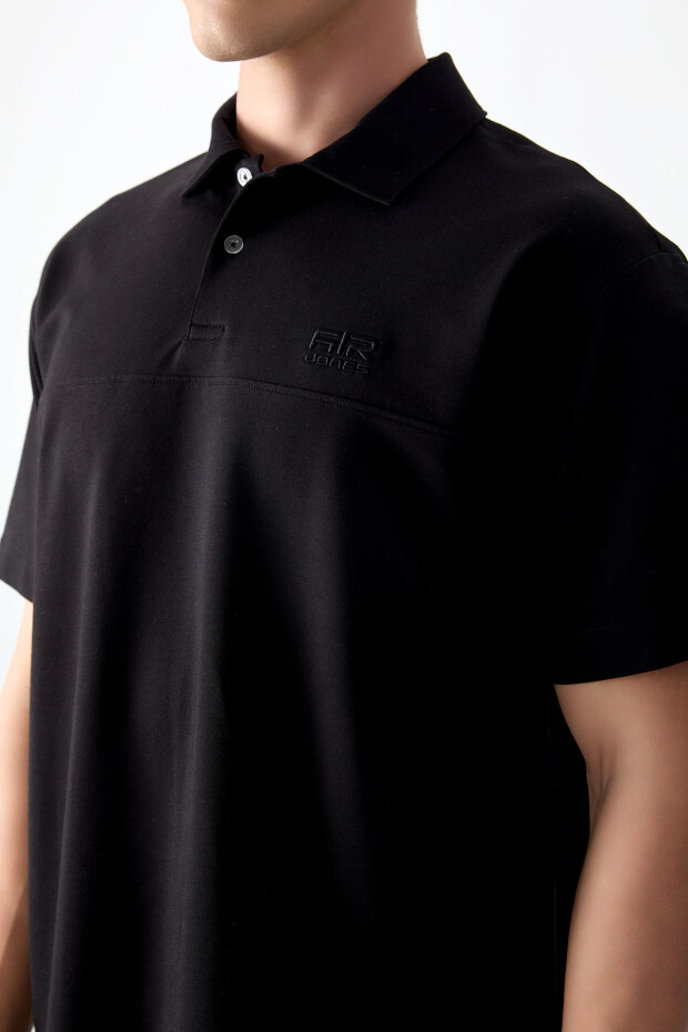 Siyah Pamuklu Kalın Yumuşak Dokulu Polo Yaka Oversize Fit Basic Erkek T- Shirt - 88382 - 2
