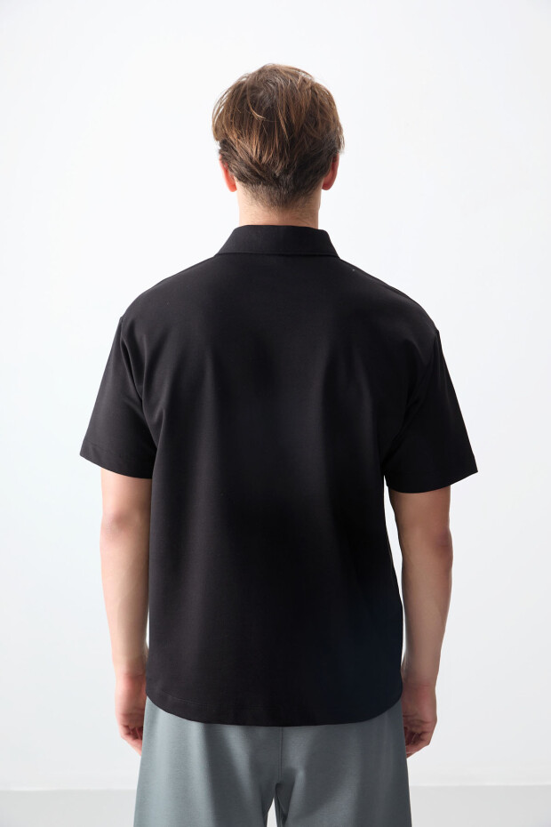 Siyah Pamuklu Kalın Yumuşak Dokulu Polo Yaka Oversize Fit Basic Erkek T- Shirt - 88382 - 5