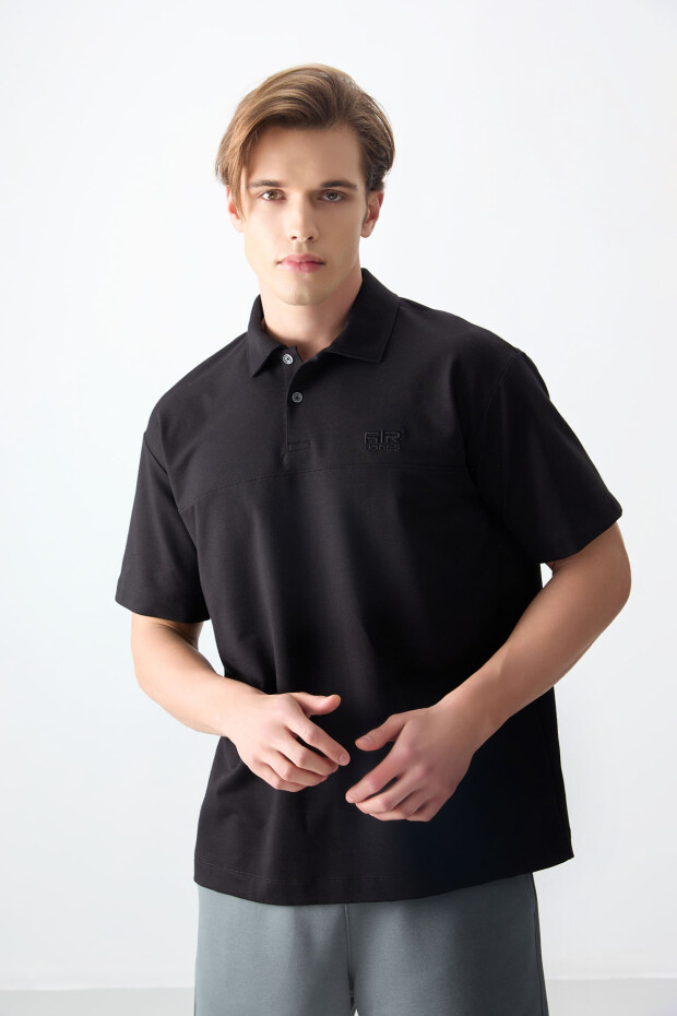 Siyah Pamuklu Kalın Yumuşak Dokulu Polo Yaka Oversize Fit Basic Erkek T- Shirt - 88382 - 4