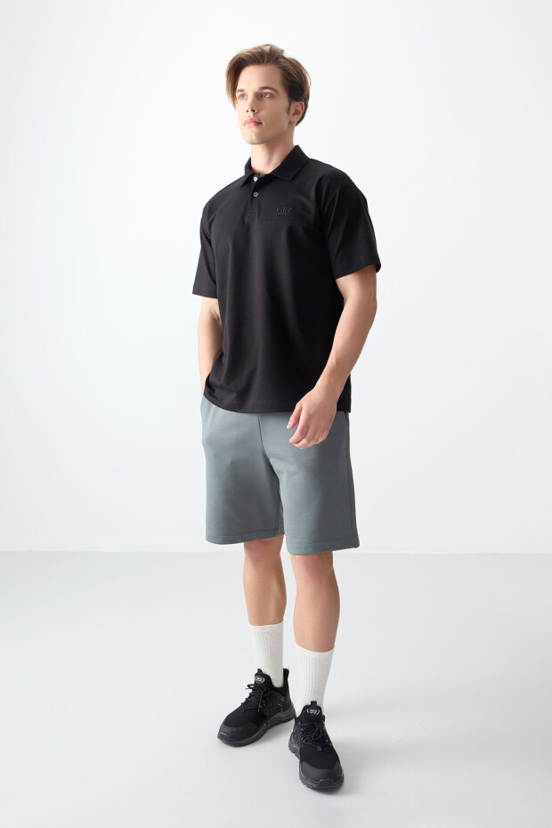 Siyah Pamuklu Kalın Yumuşak Dokulu Polo Yaka Oversize Fit Basic Erkek T- Shirt - 88382