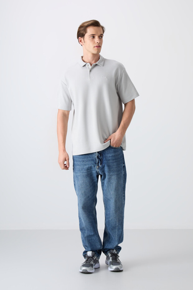 Taş Pamuklu Kalın Yumuşak Dokulu Oversize Fit Basic Polo Yaka Erkek T-Shirt - 88327