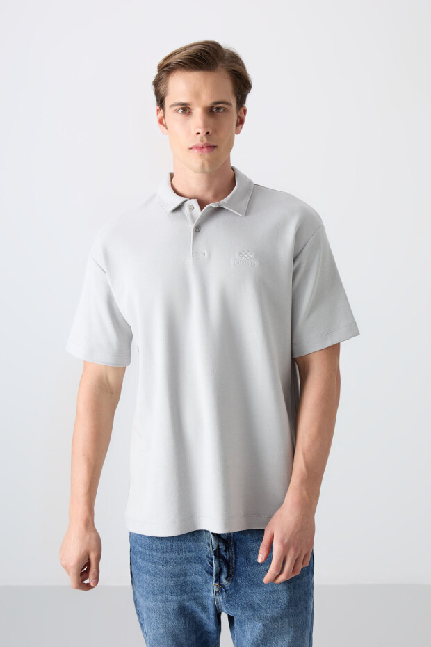 Taş Pamuklu Kalın Yumuşak Dokulu Oversize Fit Basic Polo Yaka Erkek T-Shirt - 88327