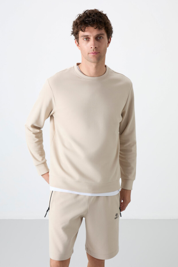 Bej Basic O Yaka Rahat Form Erkek Sweatshirt - 88053