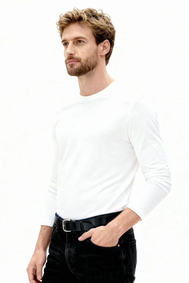 Beyaz Standart Fit Basic O Yaka Uzun Kollu İnce Erkek T-Shirt- 87997 - 2