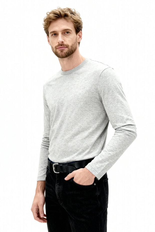 Gri Melanj Standart Fit Basic O Yaka Uzun Kollu İnce Erkek T-Shirt - 87997 - 2