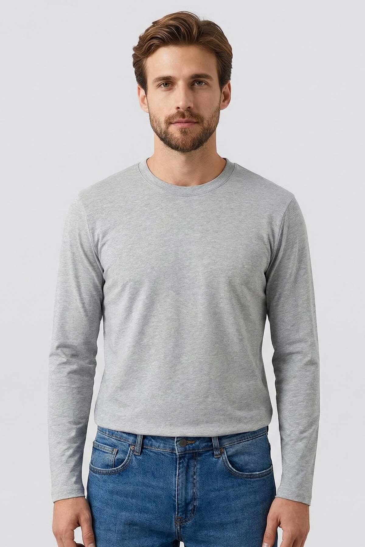 Gri Melanj Standart Fit Basic O Yaka Uzun Kollu İnce Erkek T-Shirt - 87997 - TOMMYLIFE