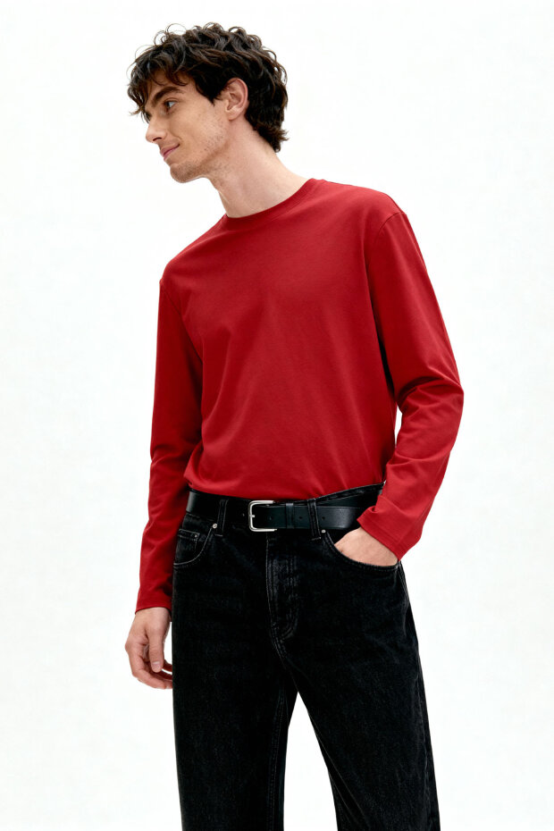 Kırmızı Standart Fit Basic O Yaka Uzun Kollu İnce Erkek T-Shirt - 87997 - 1