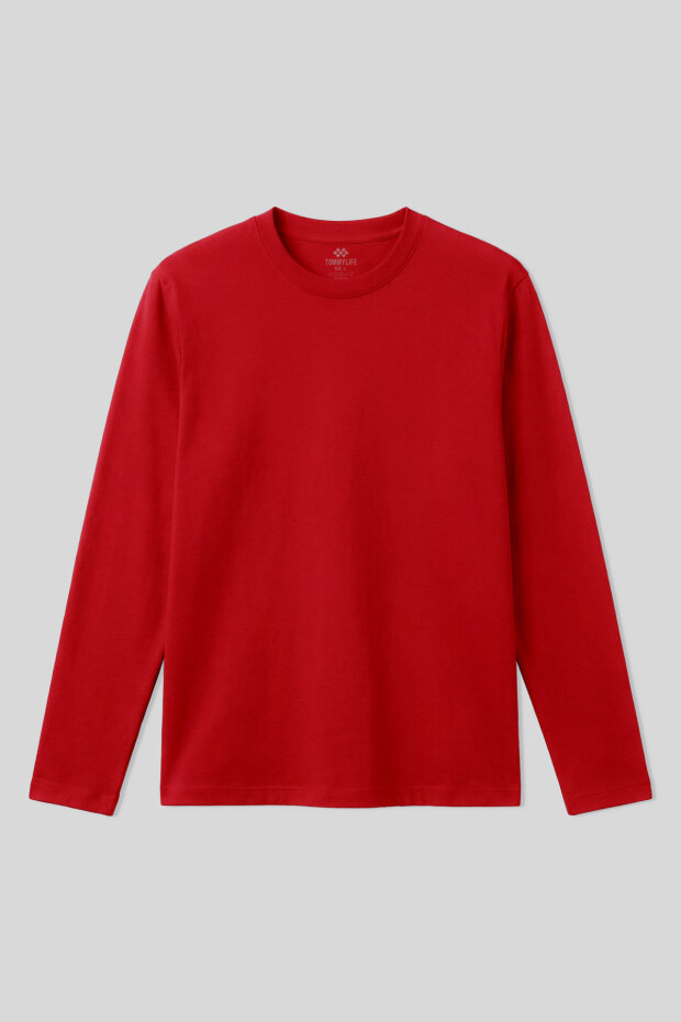 Kırmızı Standart Fit Basic O Yaka Uzun Kollu İnce Erkek T-Shirt - 87997 - 2