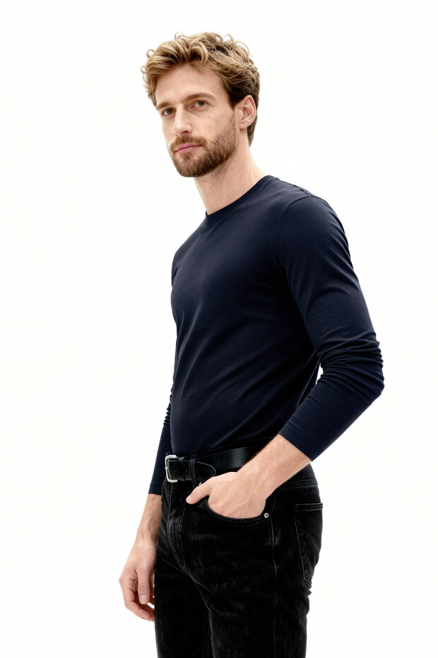 Lacivert Standart Fit Basic O Yaka Uzun Kollu İnce Erkek T-Shirt - 87997 - 2