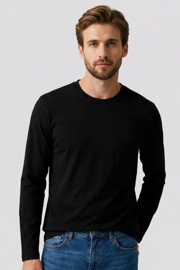 Siyah Standart Fit Basic O Yaka Uzun Kollu İnce Erkek T-Shirt - 87997 