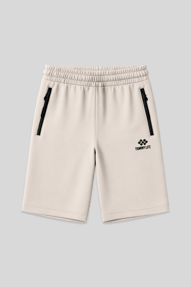 Bej Gizli Fermuar Arka Cepli Bağcıklı Standart Kalıp Erkek Şort - 81136 - 1