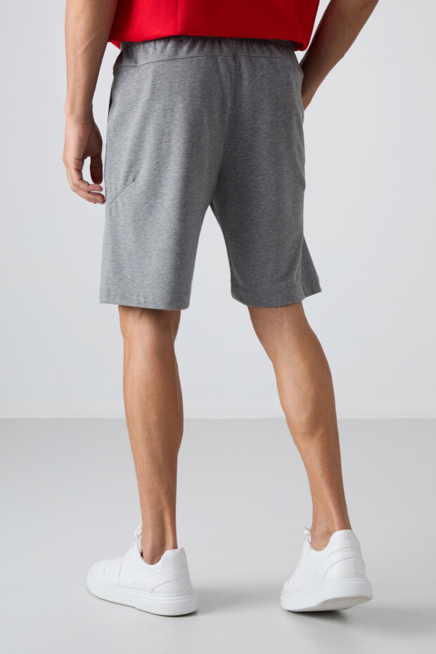 Gri Melanj Pamuklu Kalın Yumuşak Dokulu Comfort Fit Baskılı Erkek Şort - 81263 - 5