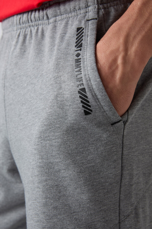 Gri Melanj Pamuklu Kalın Yumuşak Dokulu Comfort Fit Baskılı Erkek Şort - 81263 - 4