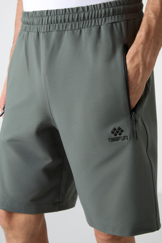 Haki Gizli Fermuar Arka Cepli Bağcıklı Standart Kalıp Erkek Şort - 81136 - 4