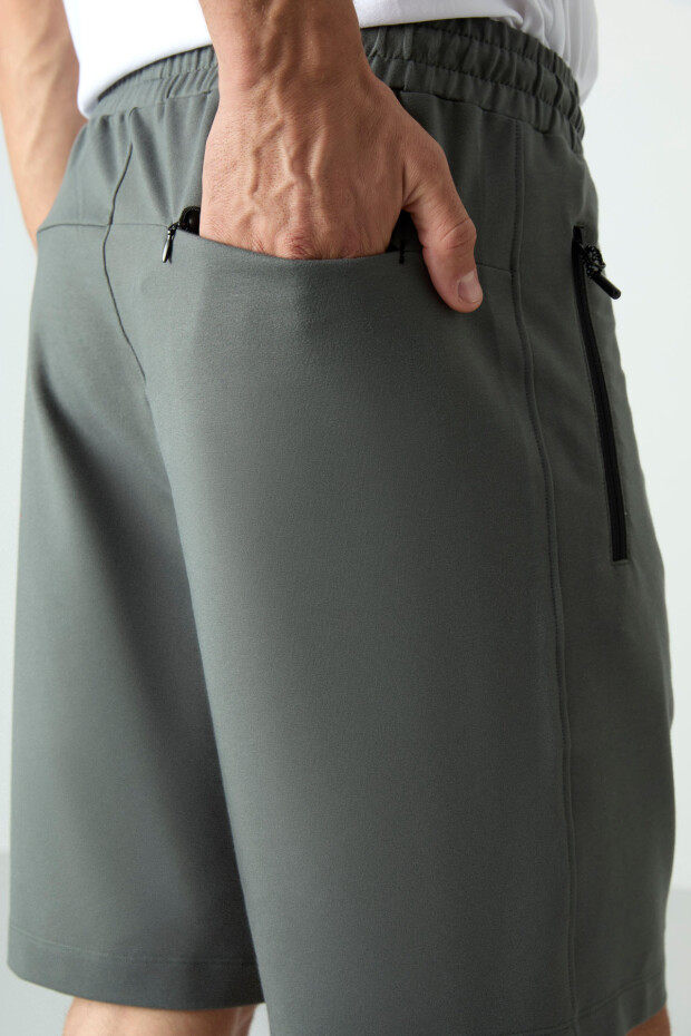 Haki Gizli Fermuar Arka Cepli Bağcıklı Standart Kalıp Erkek Şort - 81136 - 6