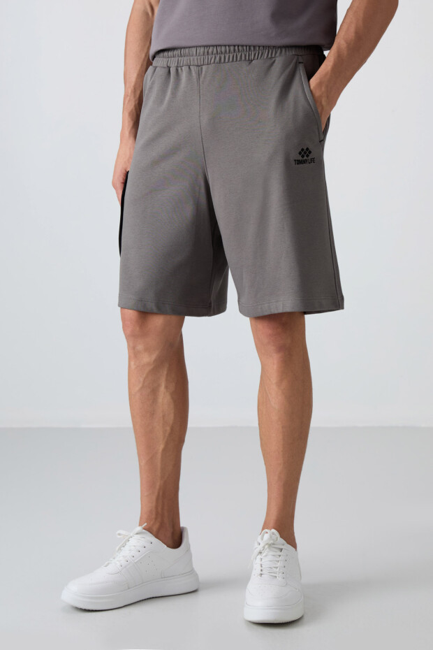 Koyu Gri Pamuklu Kalın Yumuşak Dokulu Comfort Fit Baskılı Erkek Şort - 81266 - 3