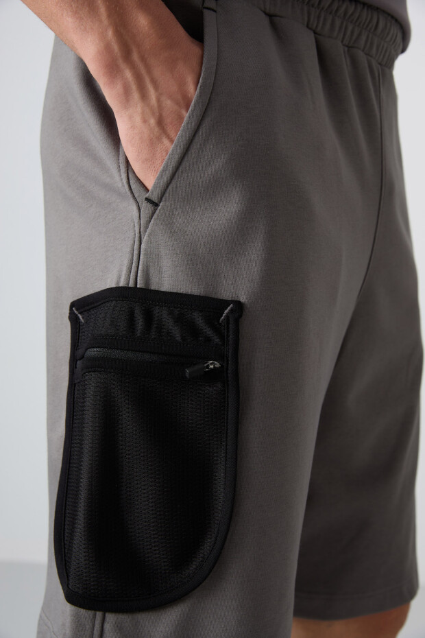 Koyu Gri Pamuklu Kalın Yumuşak Dokulu Comfort Fit Baskılı Erkek Şort - 81266 - 6