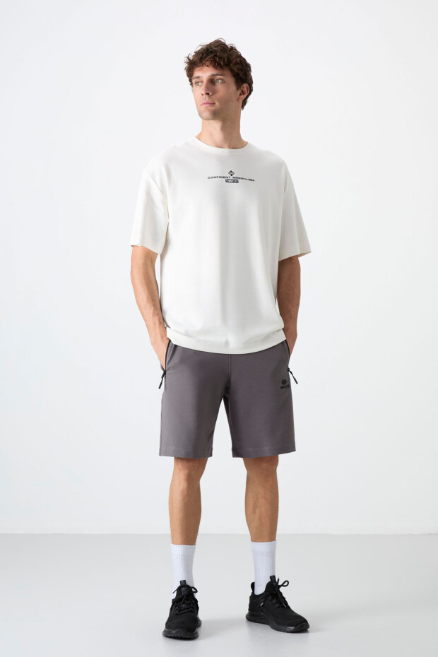 Koyu Gri Gizli Fermuar Arka Cepli Bağcıklı Standart Kalıp Erkek Şort - 81136 - 1