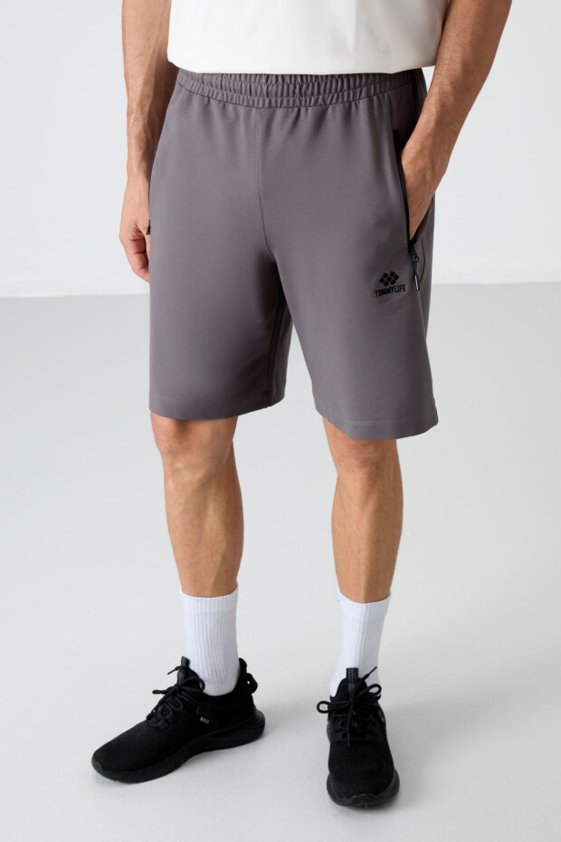 Koyu Gri Gizli Fermuar Arka Cepli Bağcıklı Standart Kalıp Erkek Şort - 81136 - 5