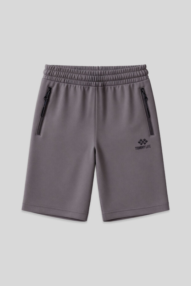 Koyu Gri Gizli Fermuar Arka Cepli Bağcıklı Standart Kalıp Erkek Şort - 81136 - 1