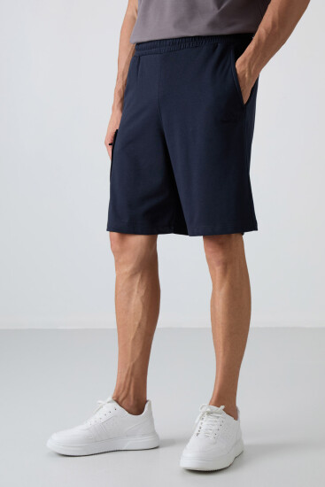 Lacivert Pamuklu Kalın Yumuşak Dokulu Comfort Fit Baskılı Erkek Şort - 81266 - TOMMYLIFE (1)