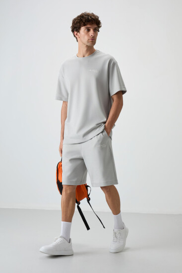 Taş Pamuklu Kalın Yumuşak Dokulu Oversize Fit Nakışlı Erkek Şort Takım - 85250 - Air Jones