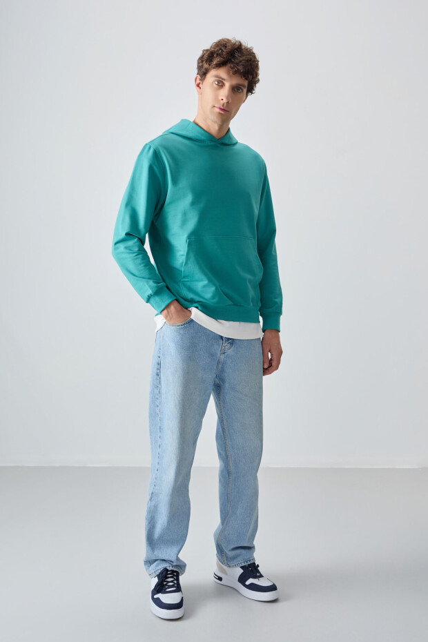 Deniz Yeşili Pamuk Yumuşak Dokulu Kapüşonlu Standart Fit Basic Erkek Sweatshirt - 88362