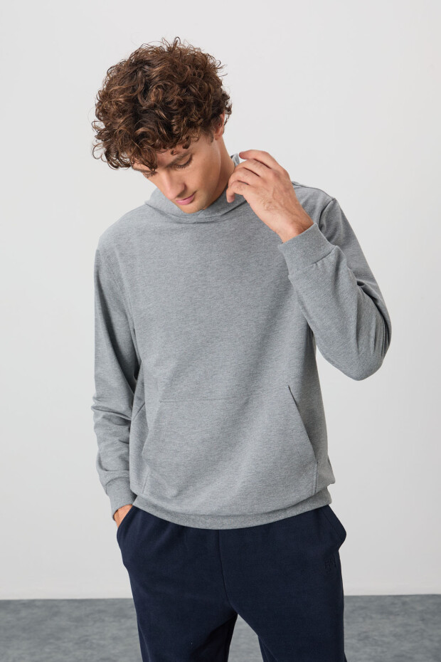 Gri Melanj Pamuk Yumuşak Dokulu Kapüşonlu Standart Fit Basic Erkek Sweatshirt - 88362