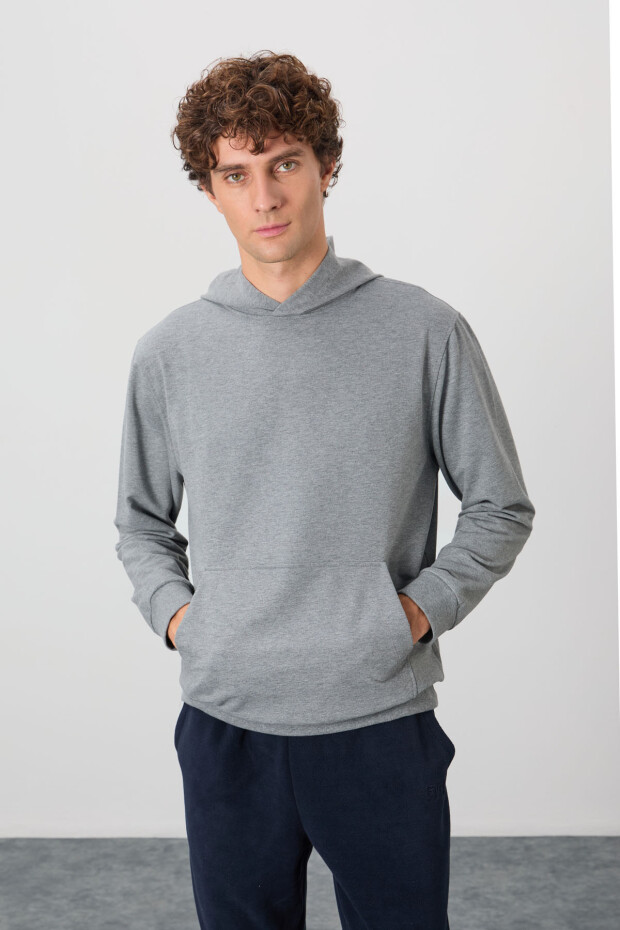 Gri Melanj Pamuk Yumuşak Dokulu Kapüşonlu Standart Fit Basic Erkek Sweatshirt - 88362