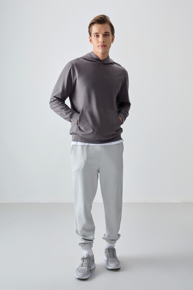 Koyu Gri Pamuk Yumuşak Dokulu Kapüşonlu Standart Fit Basic Erkek Sweatshirt - 88362