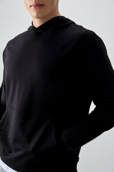 Siyah Pamuk Yumuşak Dokulu Kapüşonlu Standart Fit Basic Erkek Sweatshirt - 88362 - Thumbnail