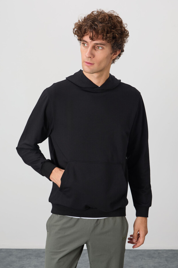 Siyah Pamuk Yumuşak Dokulu Kapüşonlu Standart Fit Basic Erkek Sweatshirt - 88362