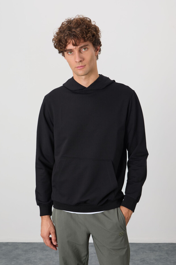 Siyah Pamuk Yumuşak Dokulu Kapüşonlu Standart Fit Basic Erkek Sweatshirt - 88362