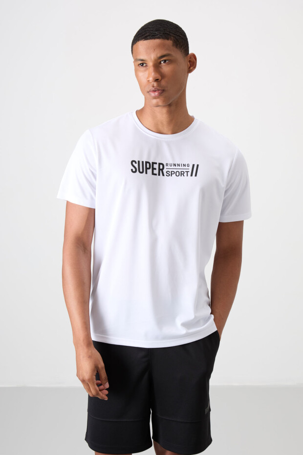 Beyaz Nefes Alan Dokulu İnce Esnek Standart Fit Erkek Performans T-Shirt - 88385 - 1