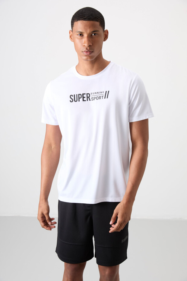 Beyaz Nefes Alan Dokulu İnce Esnek Standart Fit Erkek Performans T-Shirt - 88385 - 4