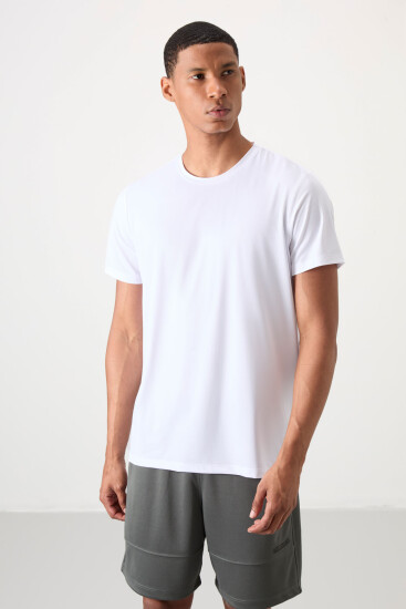 Beyaz Nefes Alan Dokulu İnce Esnek Standart Fit Erkek Performans T-Shirt - 88388 
