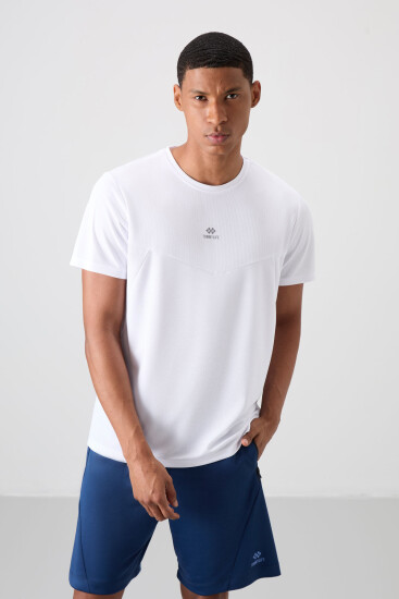 Beyaz Nefes Alan Dokulu İnce Esnek Standart Fit Erkek Performans T-Shirt - 88391 