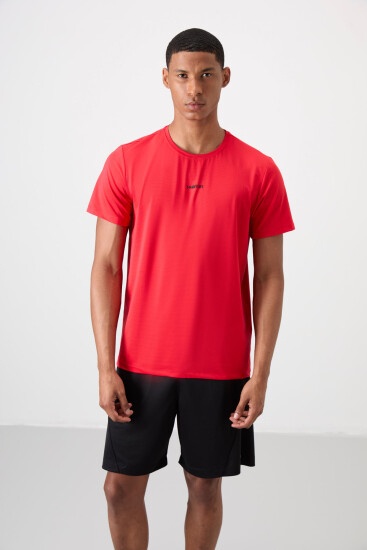 Kırmızı Nefes Alan Dokulu İnce Esnek Standart Fit Erkek Performans T-Shirt - 88384 