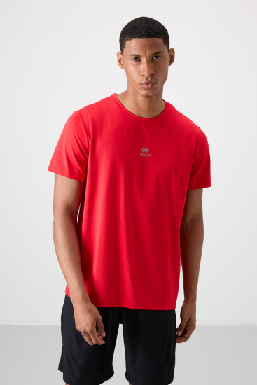 Kırmızı Nefes Alan Dokulu İnce Esnek Standart Fit Erkek Performans T-Shirt - 88387 