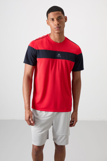 Kırmızı Nefes Alan Dokulu İnce Esnek Standart Fit Erkek Performans T-Shirt - 88396 