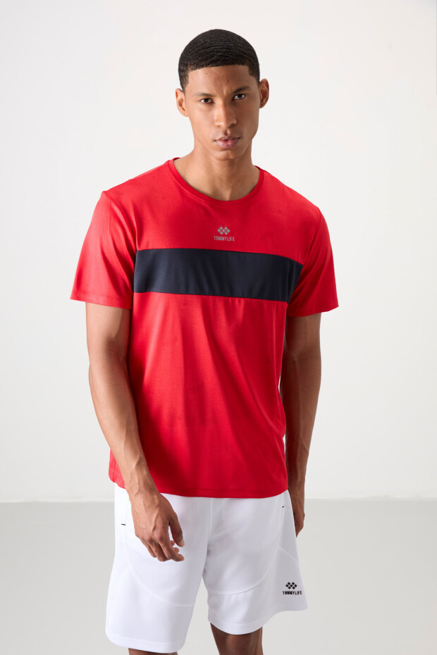 Kırmızı Nefes Alan Jakarlı İnce Esnek Standart Fit Erkek Performans T-Shirt - 88398