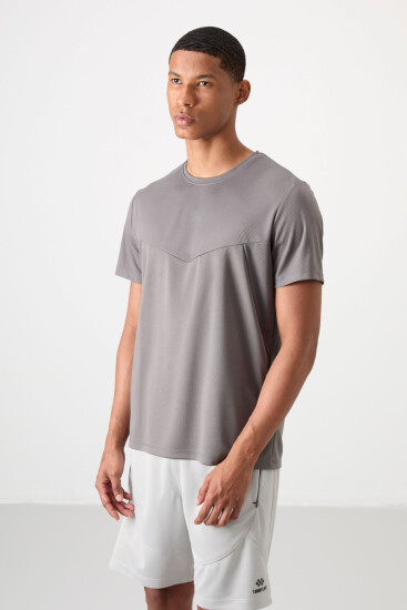 Koyu Gri Nefes Alan Dokulu İnce Esnek Standart Fit Erkek Performans T-Shirt - 88391 