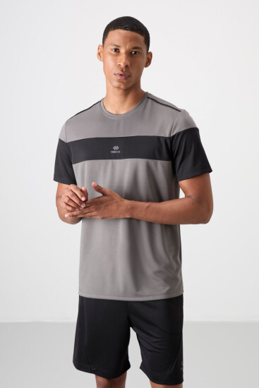Koyu Gri Nefes Alan Dokulu İnce Esnek Standart Fit Erkek Performans T-Shirt - 88396 
