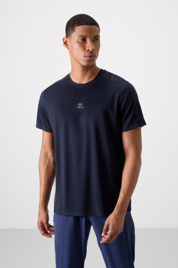 Lacivert Nefes Alan Dokulu İnce Esnek Standart Fit Erkek Performans T-Shirt - 88390 