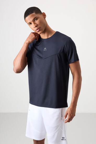 Lacivert Nefes Alan Dokulu İnce Esnek Standart Fit Erkek Performans T-Shirt - 88391 