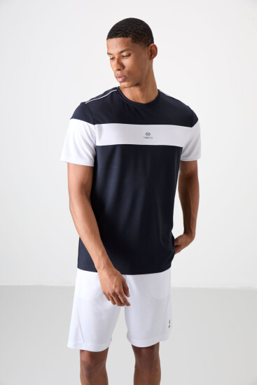 Lacivert Nefes Alan Dokulu İnce Esnek Standart Fit Erkek Performans T-Shirt - 88396 