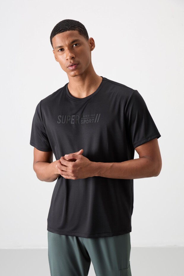 Siyah Polyester Nefes Alan Dokulu İnce Esnek Standart Fit Erkek Performans T-Shirt - 88385