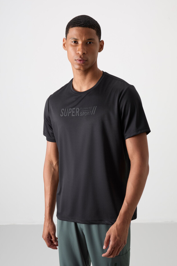 Siyah Polyester Nefes Alan Dokulu İnce Esnek Standart Fit Erkek Performans T-Shirt - 88385